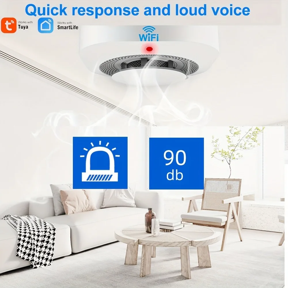 XUK WiFi Smart Smoke Alarm with App Alerts,Low Power Consumption,Battery-Powered(Batteries Not Included),Smoke Alarms For Home