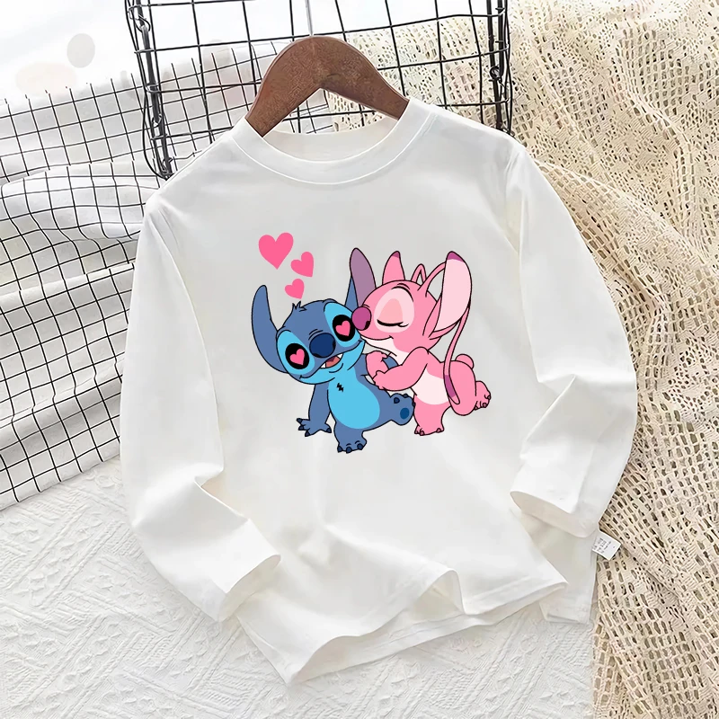 Stitch Disney Children Long Sleeve T-shirt Autumn Boys Girls Printed White Sweatshirt Casual Clothing Cartoon Anime Kids Gifts