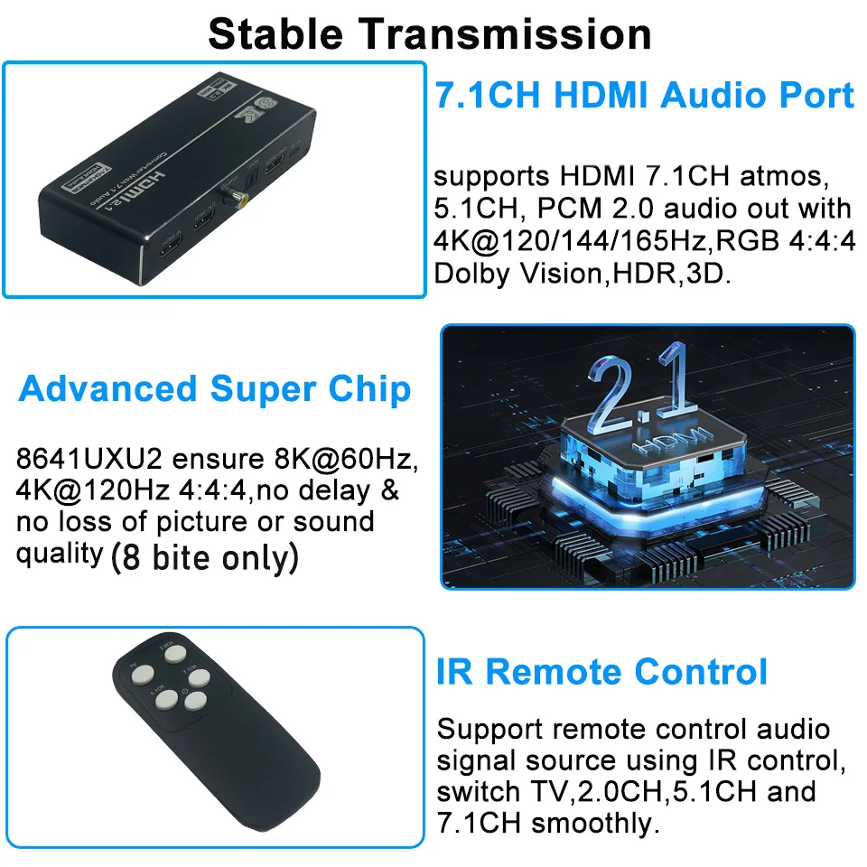 HDMI 2.1 Audio Extractor Converter 4K 120Hz HDMI 2.1 Audio Converter 8K HDMI na HDMI Audio+Video+Digital Coaxial Audio+Aux Audio