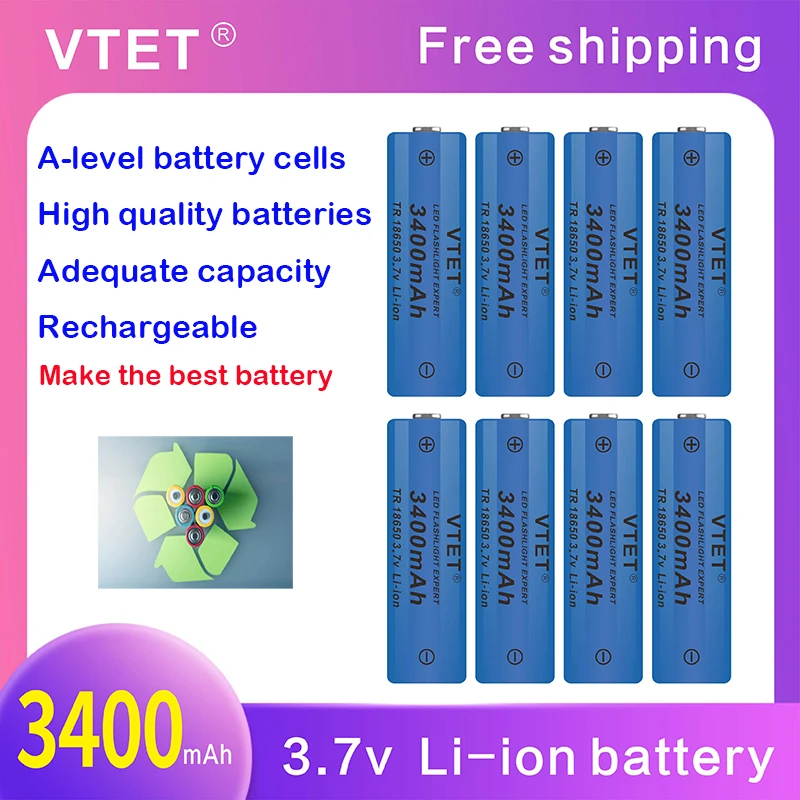 2024New3.7V 3400mAh Rechargeable Li-ion Battery for Led Flashlight  DIY Make Toys Fan Battery High Quality Reusable18650 Battery