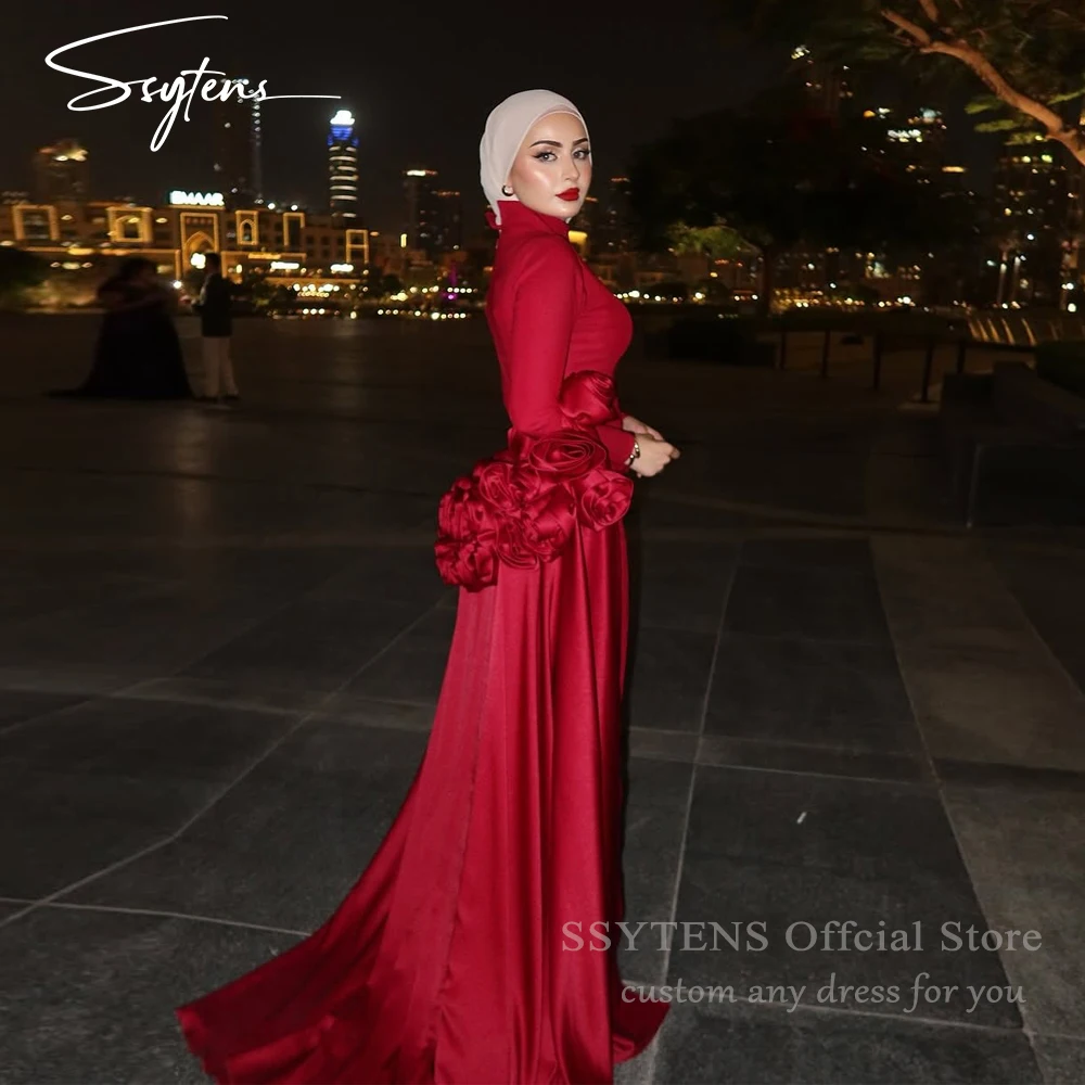 SSYTENS 럭셔리 레드 롱 이브닝 드레스 3D 꽃 케이프 사우디 아라비아 댄스 파티 드레스 공식 행사 댄스 파티 드레스 여성 맞춤형