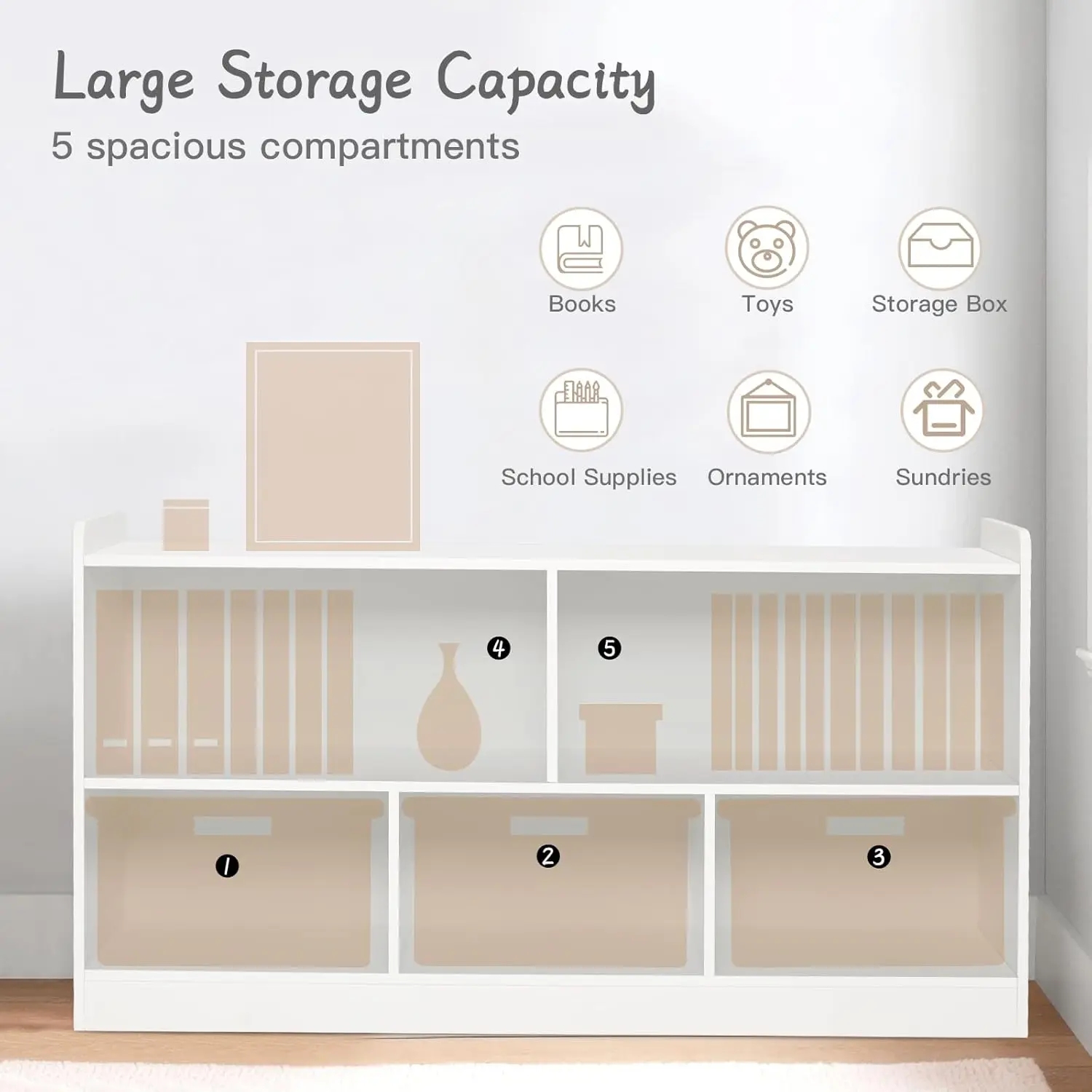 Étagère en bois pour le nettoyage des jouets, bibliothèque à 2 étagères, armoire de rangement à 5 sections, étagère à livres pour tout-petits