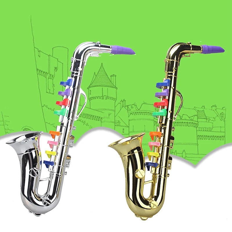 Mini saxofone de metal com 8 teclas coloridas infantis, acessórios de simulação, mini instrumentos musicais, brinquedo de aniversário