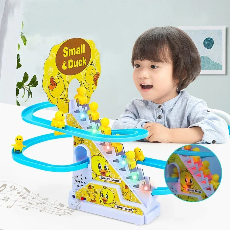 Children Fun Toy Small Duck Penguin Electronic Climbing Stairs Track Toy Light Musical Slide Track Coaster Baby Educational Gift