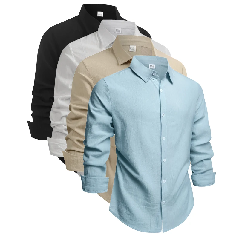 

100% Linen Cotton Shirt Men Casual Fashion Male Clothing High Quality Tops Black White Shirts Business Long Sleeve Shirt Men