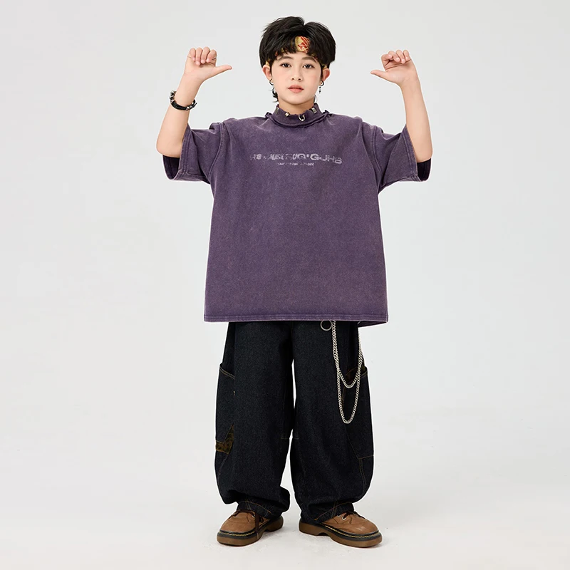 2025 Estate Abbigliamento per bambini Ragazzi Abiti da ballo Hip Hop Maglietta viola Pantaloni neri Ragazze Jazz Practice Wear Jogger Outfit BL16085