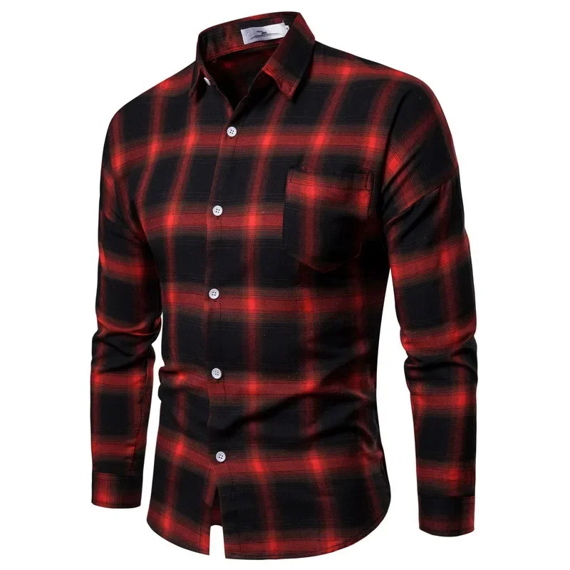 

Men Plaid Single Breasted Shirts Long Sleeve T Shirt Loose Fit Casual Shirts Turn Down Collar Blouses Male Button Pockets Spring