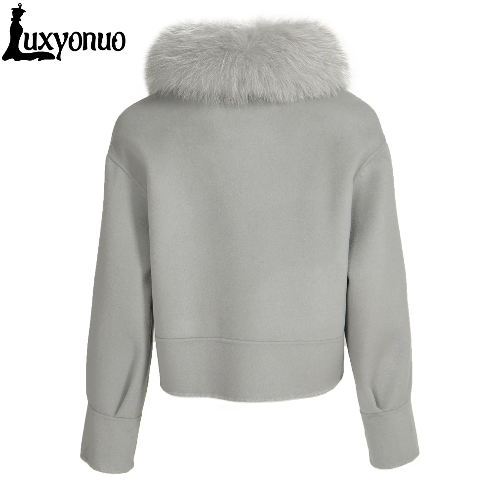 Luxyonuo 2022 Cashmere Jacket Winter Women Natural Fox Fur Collar Double Faced Wool Coat Single Breasted Ladies Outerwear