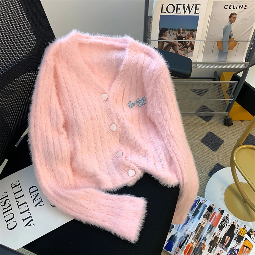 

Women Soft Warm Sweaters Spring Autumn Imitation Mink Fur Pink Knitted Cardigans Tops Fashion Embroidery V-neck Short Sweater