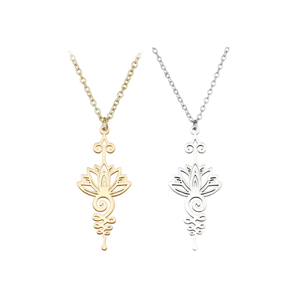 Skyrim Unalome Lotus Flower Pendant Necklace Stainless Steel Gold Color Chain for Women Yoga Buddhism Spiritual Jewelry Gift