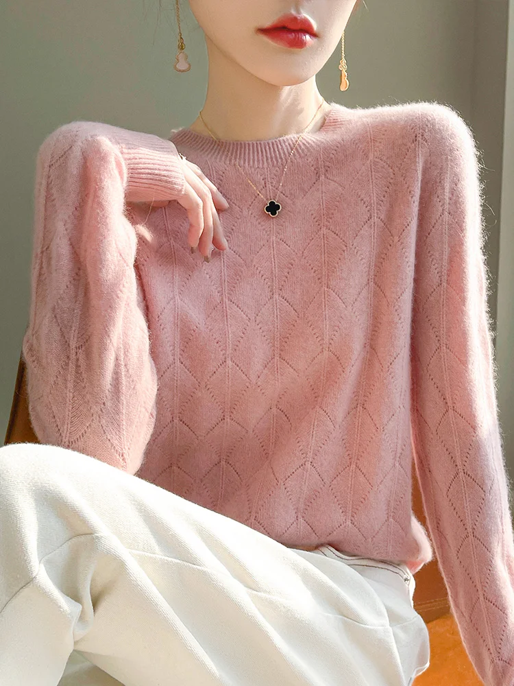 Spring Autumn 100% Merino Wool Knitwear Women' Sweater O-neck Hollow Out Diamond Solid Color Pullover Long Sleeved Simple Style