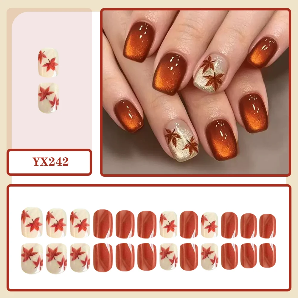 Autumn Maple Leaf Press on Nails Short Square False Nails Amber Cat Eye Gradient Design Reusable Nails for Girls Daily Wear