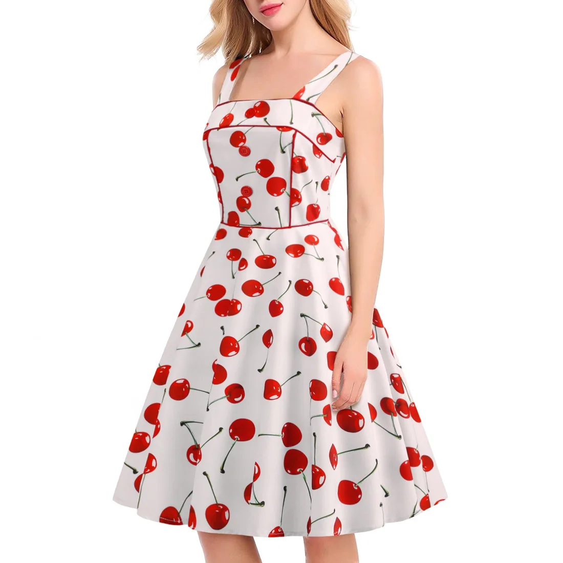 

Fashion Women Summer Sexy Halter Dress Cherry Print Swing Dress Flare Dress Audrey Hepburn 1950s 60s Retro Vintage Party Dresses