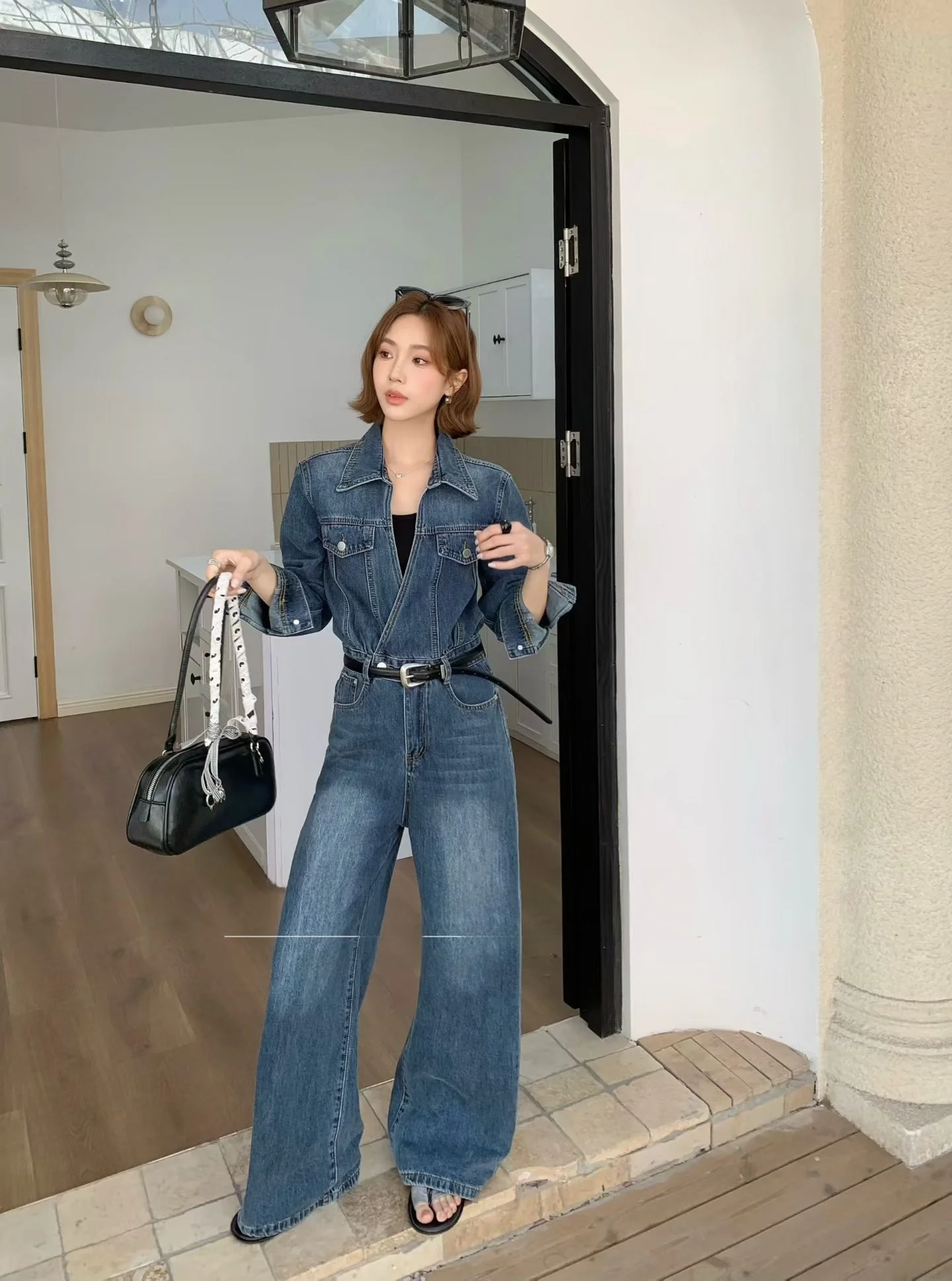 

Spring 2026 High Waist Long Pants Deep Blue Straight Leg Denim Jumpsuit New Faionable Ele Sle Women's Clothing
