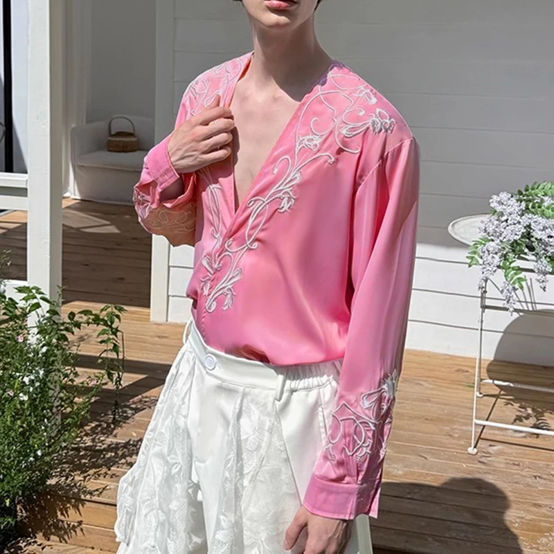 INCERUN الرجال قميص وصمة عار العميق الخامس الرقبة طويلة الأكمام التطريز ملابس الرجال غير رسمية الشارع الشهير فضفاض موضة الذكور القمصان Camisa S-5XL