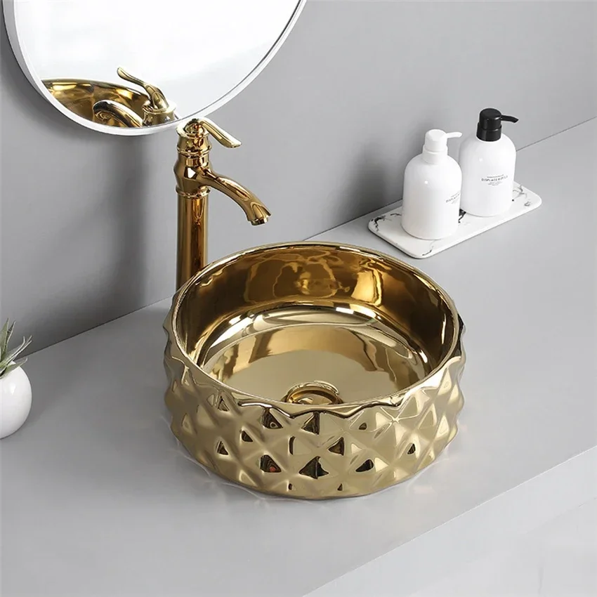 Integrated Ceramic Tabletop Basin Electroplated Wash Basin Toilet Circular Household Hotel Engineering Wash Basin 400*400*150mm