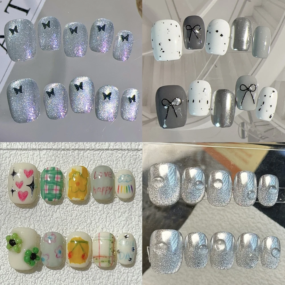 

Beautiful Flashing Cat Eyes Short Handmade Detachable Fake Nails Flowers Bowknot Butterfly Rhinestone Pearl Press On Nails