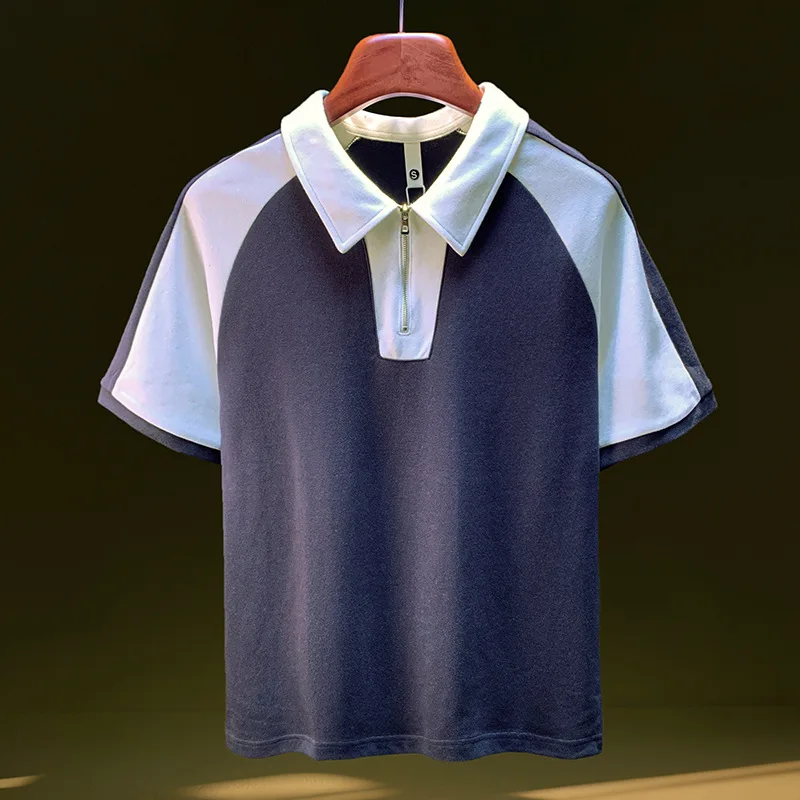 

Waffle Square Pattern Splicing Polo Shirt for Men 2025 New Loose Breathable Five Sleeve Top Summer Casual T-shirt