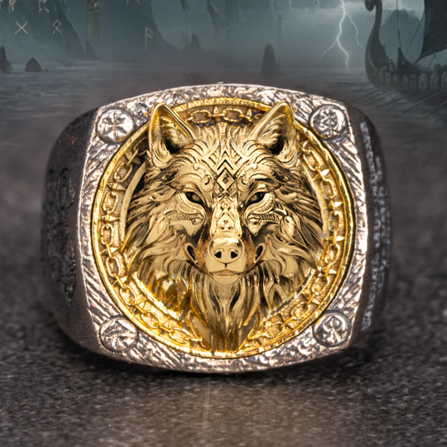 Fenrir Wolf Ring 925 Sterling Silver Norse Mythology Viking Style with Plated Wolf Head Engraving Men's Statement Jewely