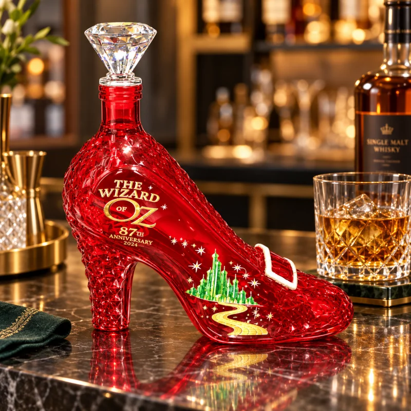 Wizard of Oz 87th Anniversary Glass Decanter Red High Heel Shoe Bottle Crystal Style Stopper Collector Display Gift