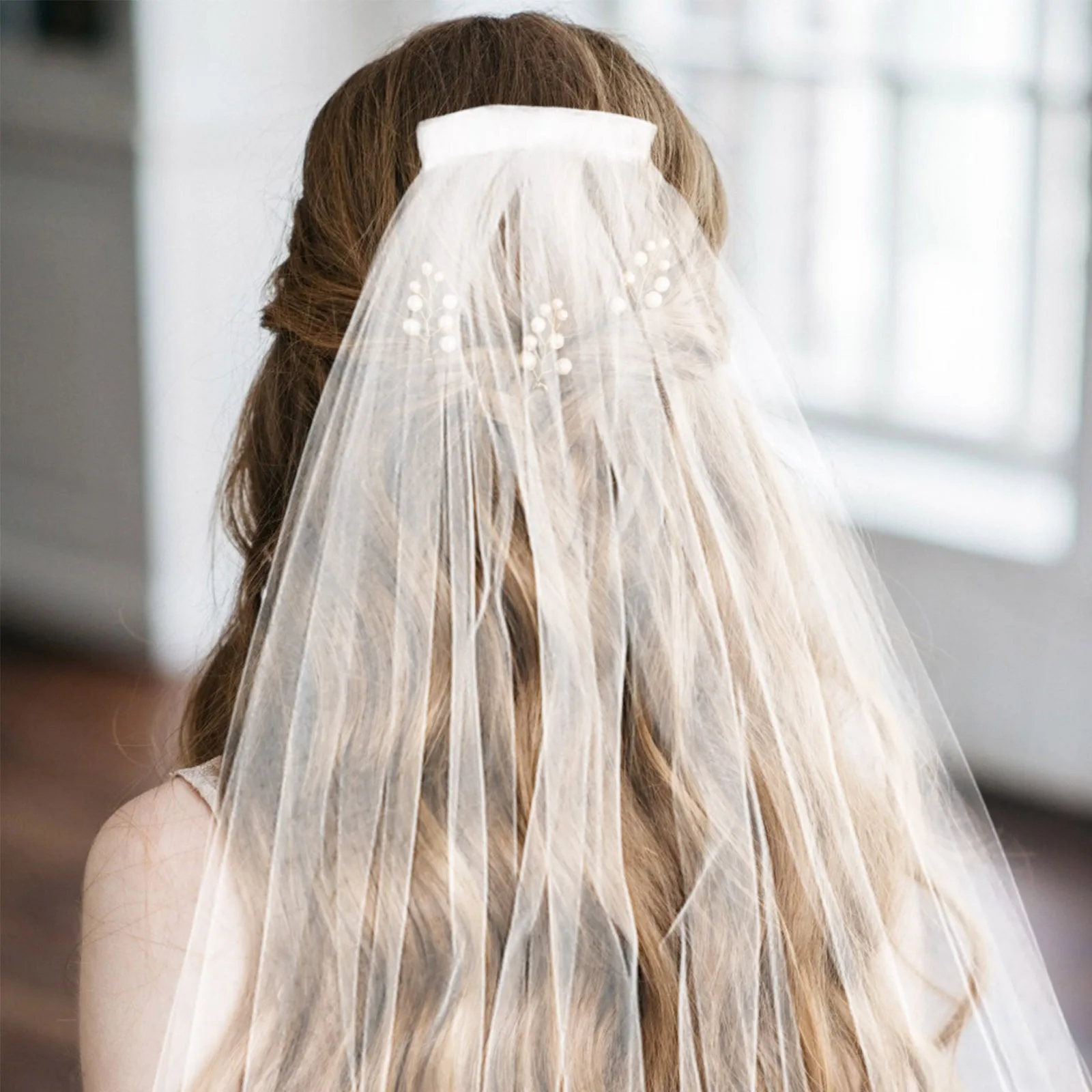 

Long Elegant Lace Single Layer Mesh Bridal Accessory Ivory White 30Cm Floor Length For Bride Bridal Veils Wedding Veil