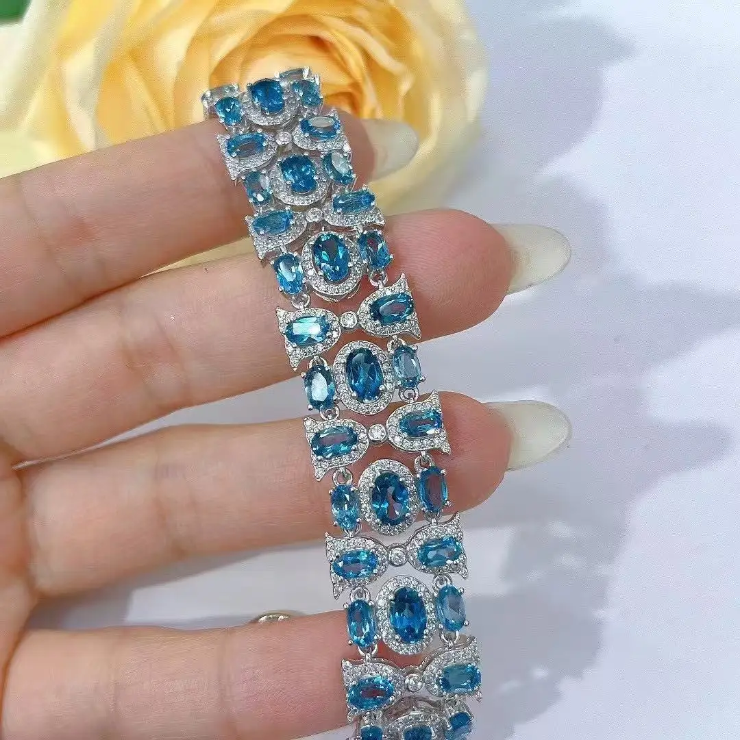 Blue Topaz Bracelet 4x6mm, S925 Sterling Silver White Gold Plated Adjustable Chain