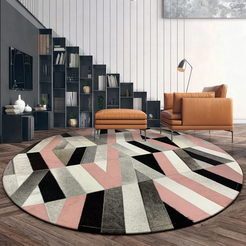 

Luxury Cowhide Mosaic Round Carpet Light Small INS Style Modern Living Room Tea Table Cushion Study Bedroom Bedside Fur Rug