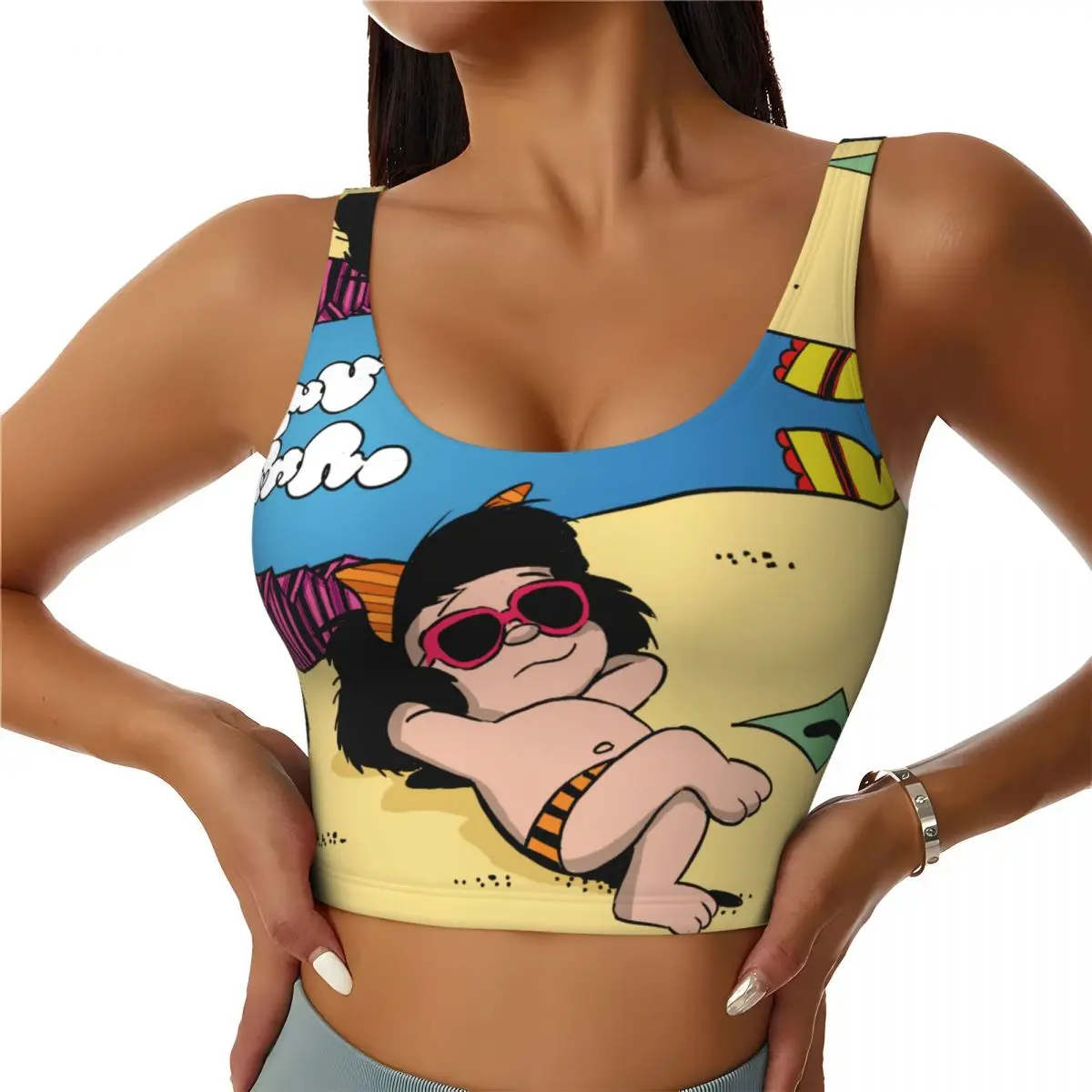 Custom Funny Mafalda Summer Time High Impact Sports Bras Women Cartoon Manga Quino Comic Seamless Workout Yoga Crop Tank Tops