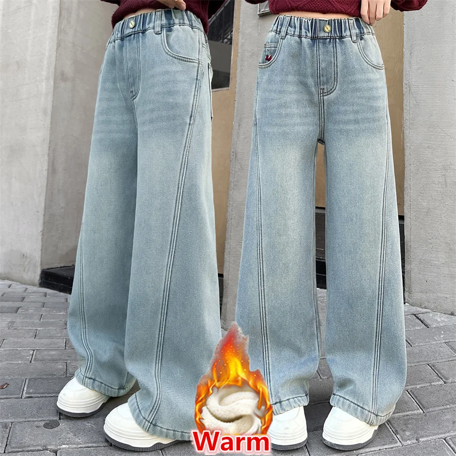 

Minimalism Style Children Straight Leg Winter Thermal Jeans for 5 To 14 Years Girls Warm Fleece Lined Denim Pants Kids Trousers