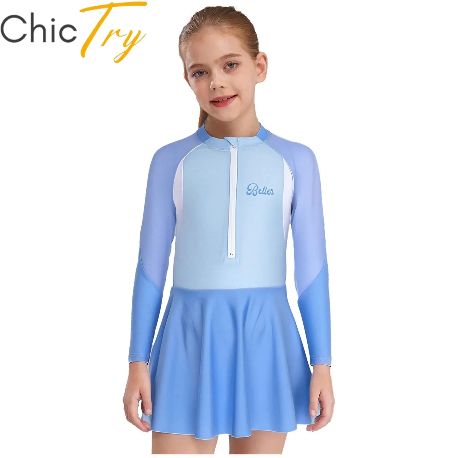 

Kids Girls Rash Guard 2PCS Swimsuit Sun Protection Bathing Suit Beach Swimwear Long Sleeve Front Zipper Dress with Shorts Sets