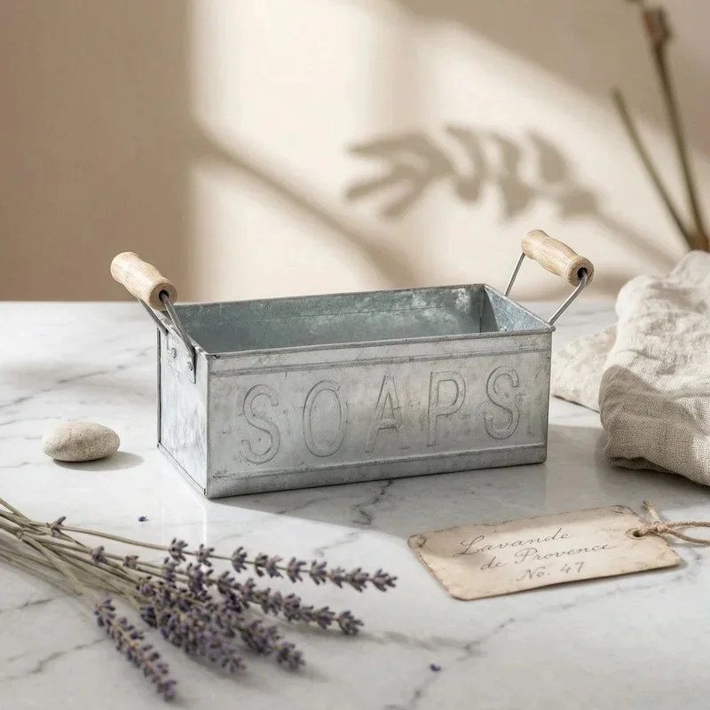 Galvanized Planter Container Silver Finish Rectangular Planter Container Decorative Container Wooden Side Handles Embossed