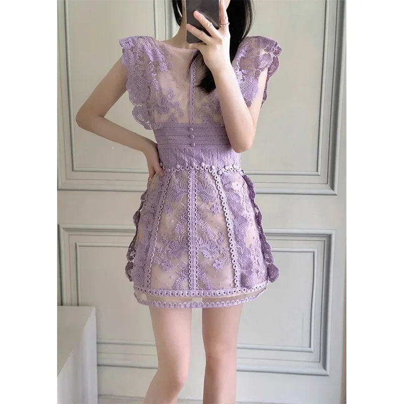 Apricot Dress Women Summer Flower Embroidery Lace Vestido Mujer Sleeveless O-neck Luxury Design Clothing Ladies Bodycon