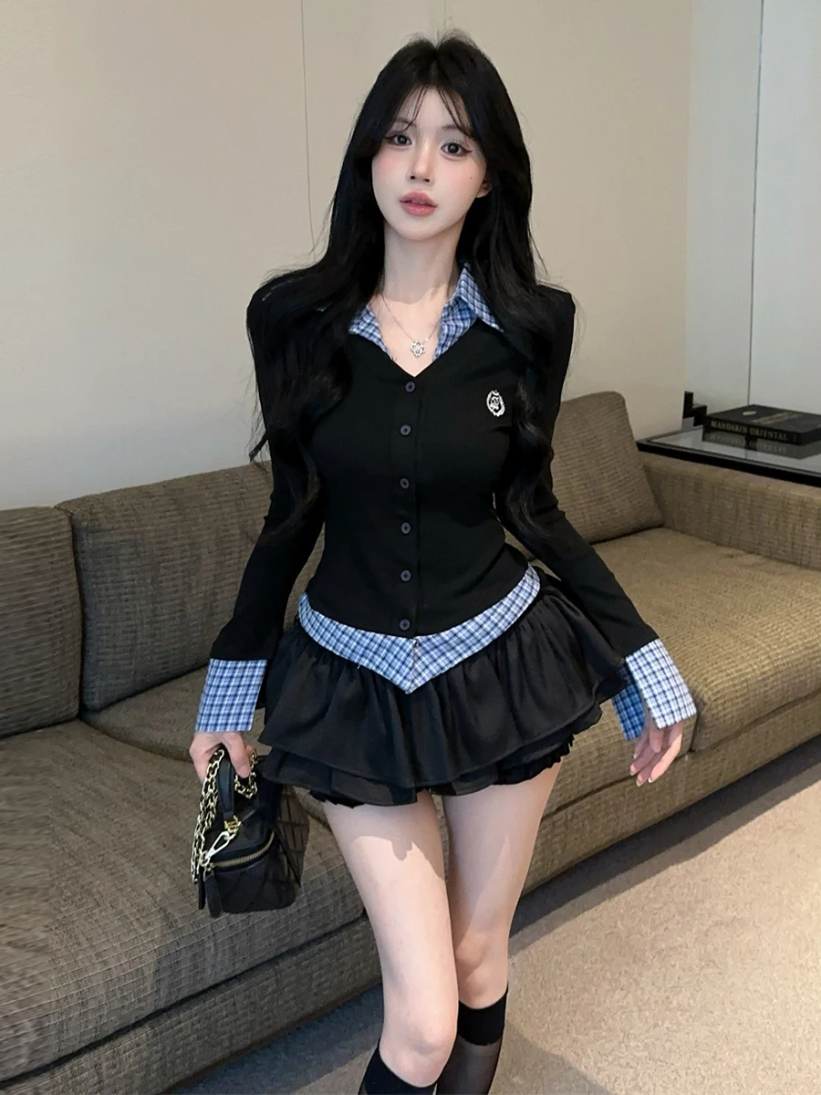 Sweet Cool School Style Short Skirt Set High Waist Bloomers Slim Fit Asymmetrical Color Block JK Uniform Top Bottom Ensemble