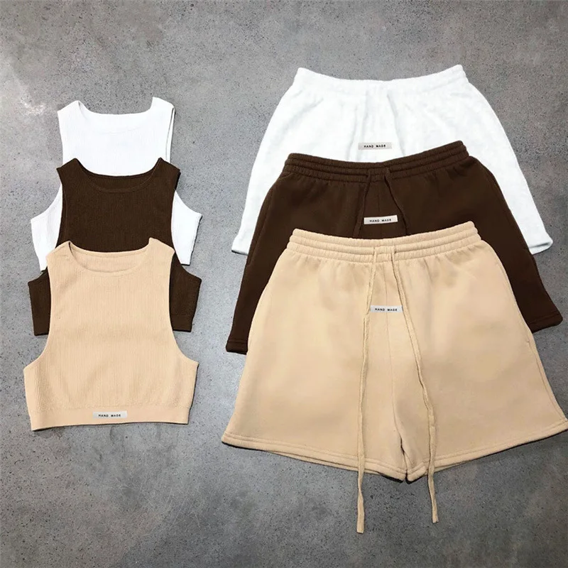 Sporty Solid Letter Two Piece Set Women Ribbed Skinny Tank Tops+ Loose Casual Bandage Shorts Matching Female Tracksuit