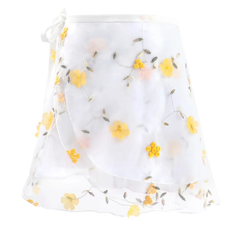 Women Ballet Wrap Skirt Embroidered Skirt Adult Ballet Skirt Sheer Chiffon Dance Skirt with Adjustable Waistband White Skirt