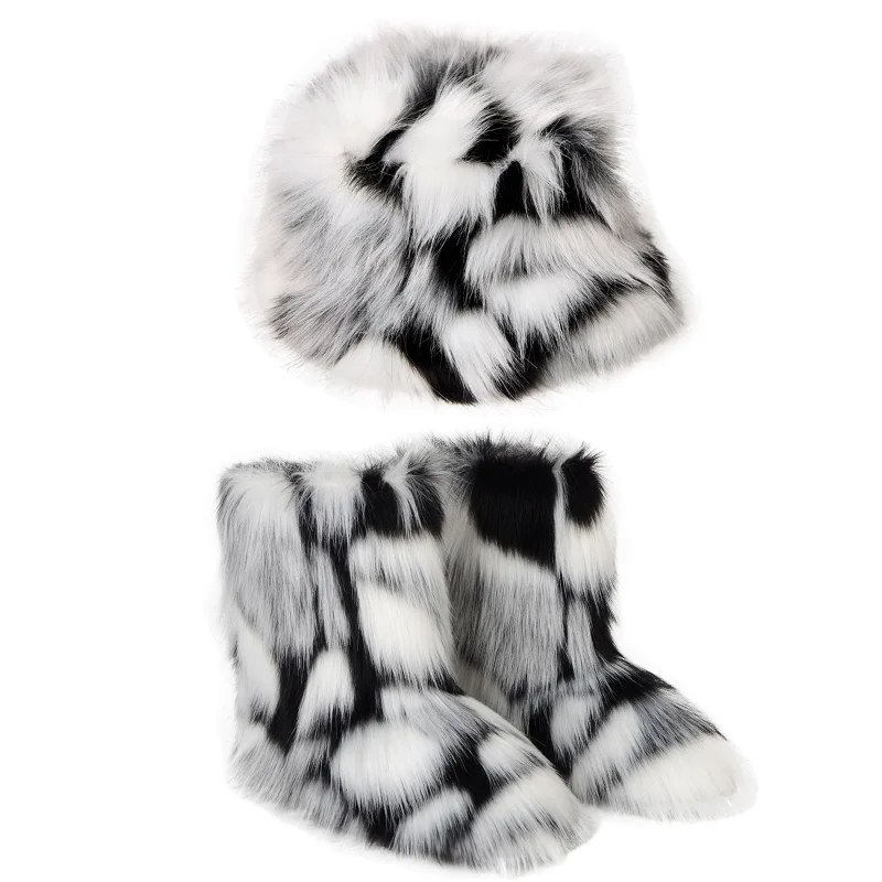 Winter Warm Women Fur Boot Woman Fluffy Faux Fur Fisherman Hat Set Ladies Plush Snow Boot Outside Female Furry Slip on Shoe Bota