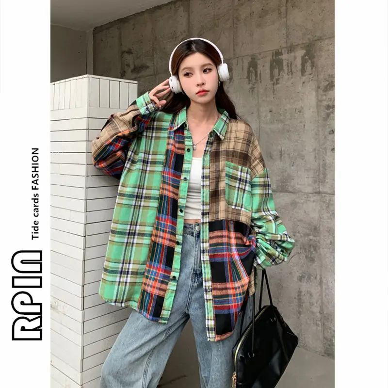 Personality Patch Plaid Shirts Women Men Oversized Harajuku Long Sleeves Tops High Street Chic Summer Simple College Blouse Coat