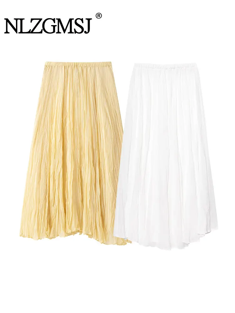 

2025 Summer Skirts For Women Pleated Long Skirt Woman Ruffled Yellow Skirt Mid Waist Elegant Women's Party Skirts
