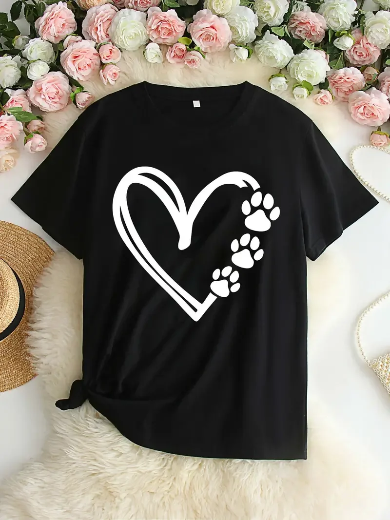 Plus Size nadruk w kształcie serca t-shirt na co dzień wycięcie pod szyją krótki rękaw t-shirt damski odzież Plus Size