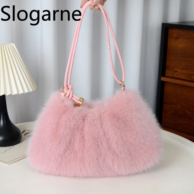 Women's Autumn Winter Fur Handbag Ladies Fashion Faux Fur Bag Solid Color Large Capacity Zipper Fluffy Messenger Shoulder Bag