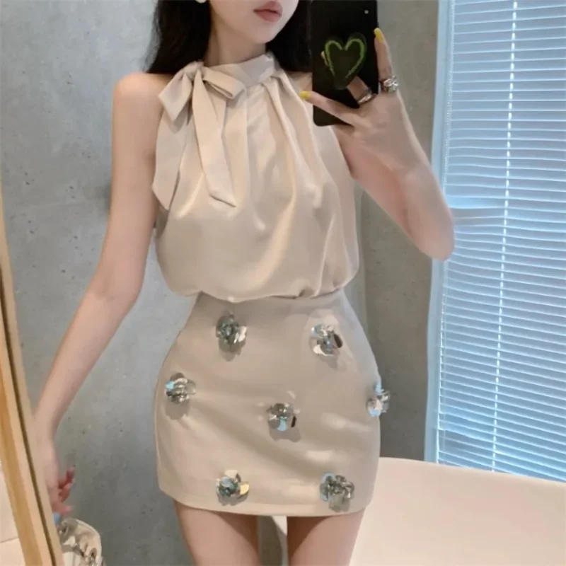 Ezgaga Women Two Piece Set Elegant Satin Tank Tops Bow Ribbon Sleeveless Blouse Sequins Flowers Mini Skirts Shirts Female Suits