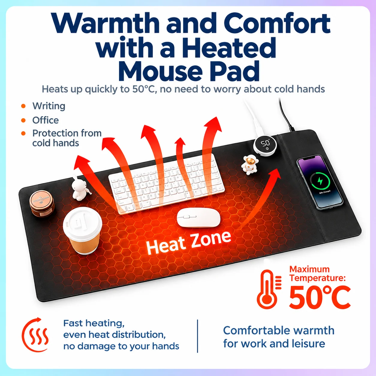 Heated Desk Mat Leather 2 in 1 Heating Mouse Pad 15W Qi Wireless Charging Pad Digital Temperature Display Office Warm Desk Pad