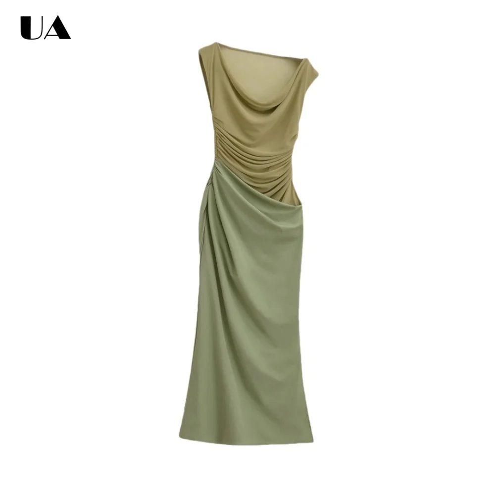 

Fashionable Mermaid Swinging Collar Midi Dress, Elegant Patchwork Draped Long Dresses for Women, Trendy Sleeveless Party Dress