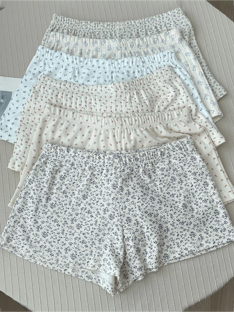 Pantaloncini a costine con occhielli floreali in cotone Donna Estate Tre bottoni Patchwork Pantaloni corti dritti Dolce e carino Biancheria intima casual per la casa Y2k