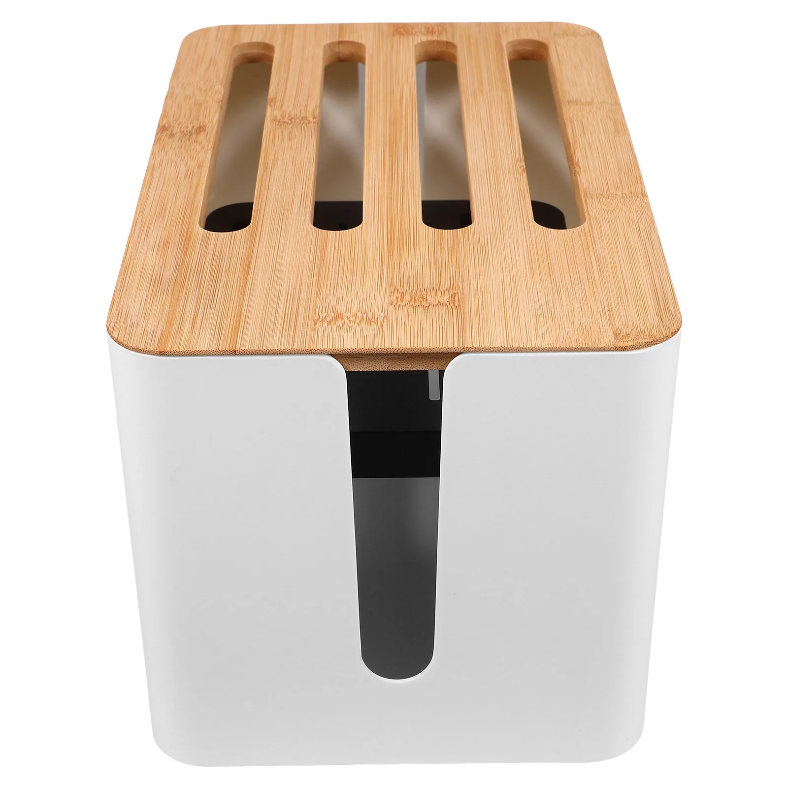 กล่องเก็บสายไฟแบบตั้งโต๊ะพร้อมฝาไม้ไผ่ วัสดุ PP ทนทาน กล่องเก็บสายไฟแบบถอดได้สำหรับจัดเก็บสาย