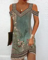 Robe trapèze à manches courtes pour femmes, vintage, imprimé floral tribal, initié au froid, décontracté, mode estivale, 2023