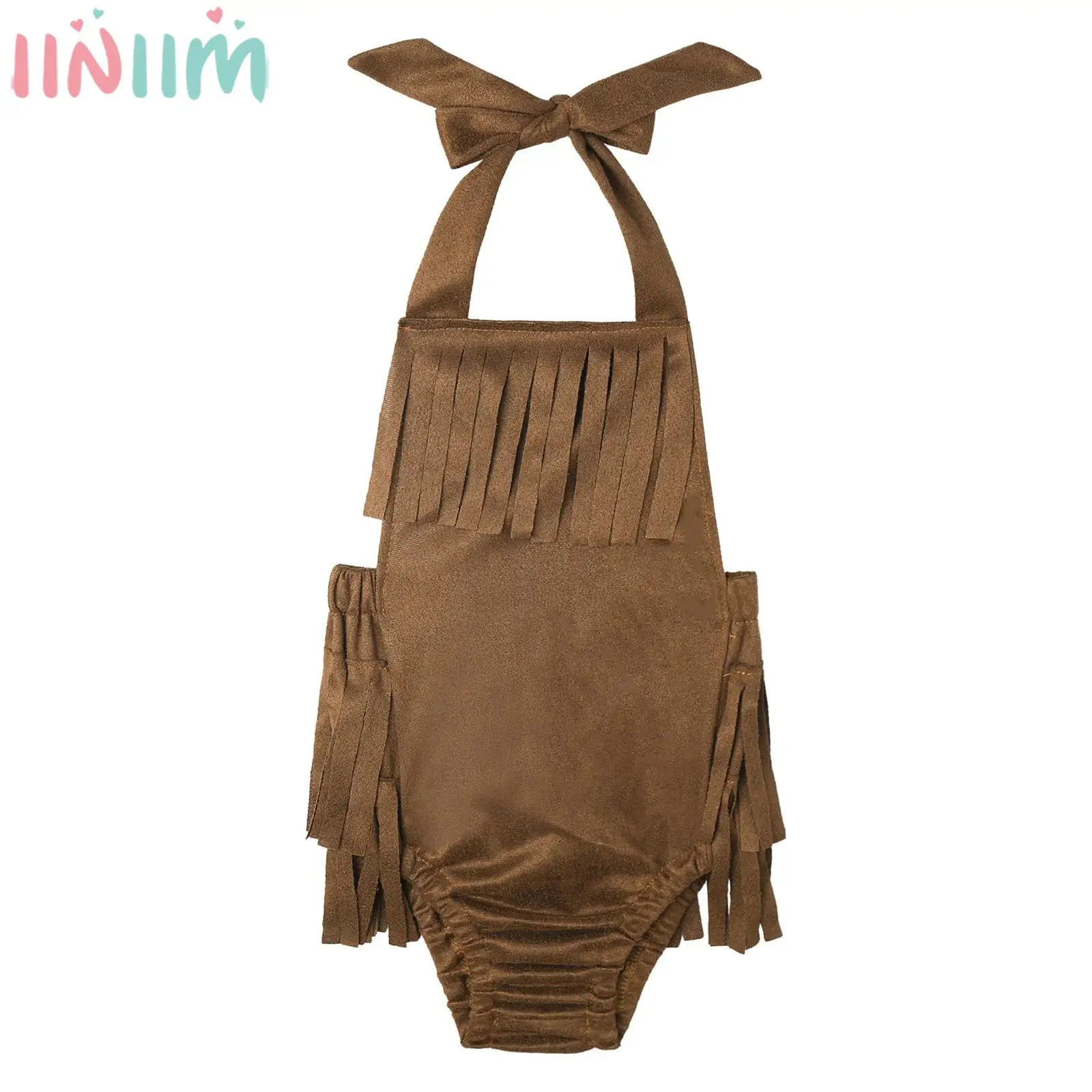 

Baby Girls Retro Fringe Faux Suede Romper Solid Color Self-tied Halter Sleeveless Tassels Bodysuit Western Cowboy Style Costume