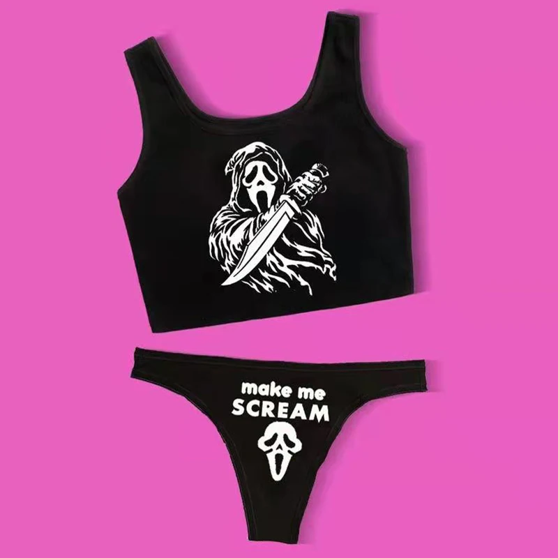 Sexy Gothic Swimwear Woman 2025 Skeleton Letter Print Sport Vest Thong Swimsuit Punk Split Bathing Suit