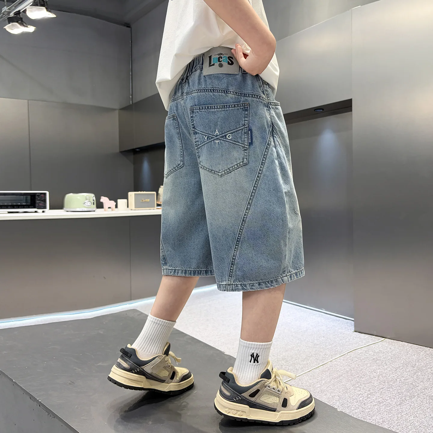 Summer Solid Blue Knee-Length Denim Shorts for Teenage Boys Brief Style Children's Clothing 5-14 Years Old