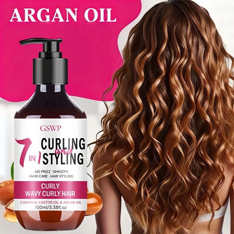 Crema para rizos GSWP 7 en 1, enriquecida con aceite de ricino y aceite de argán, hidrata profundamente el cabello y proporciona una fijación duradera.
